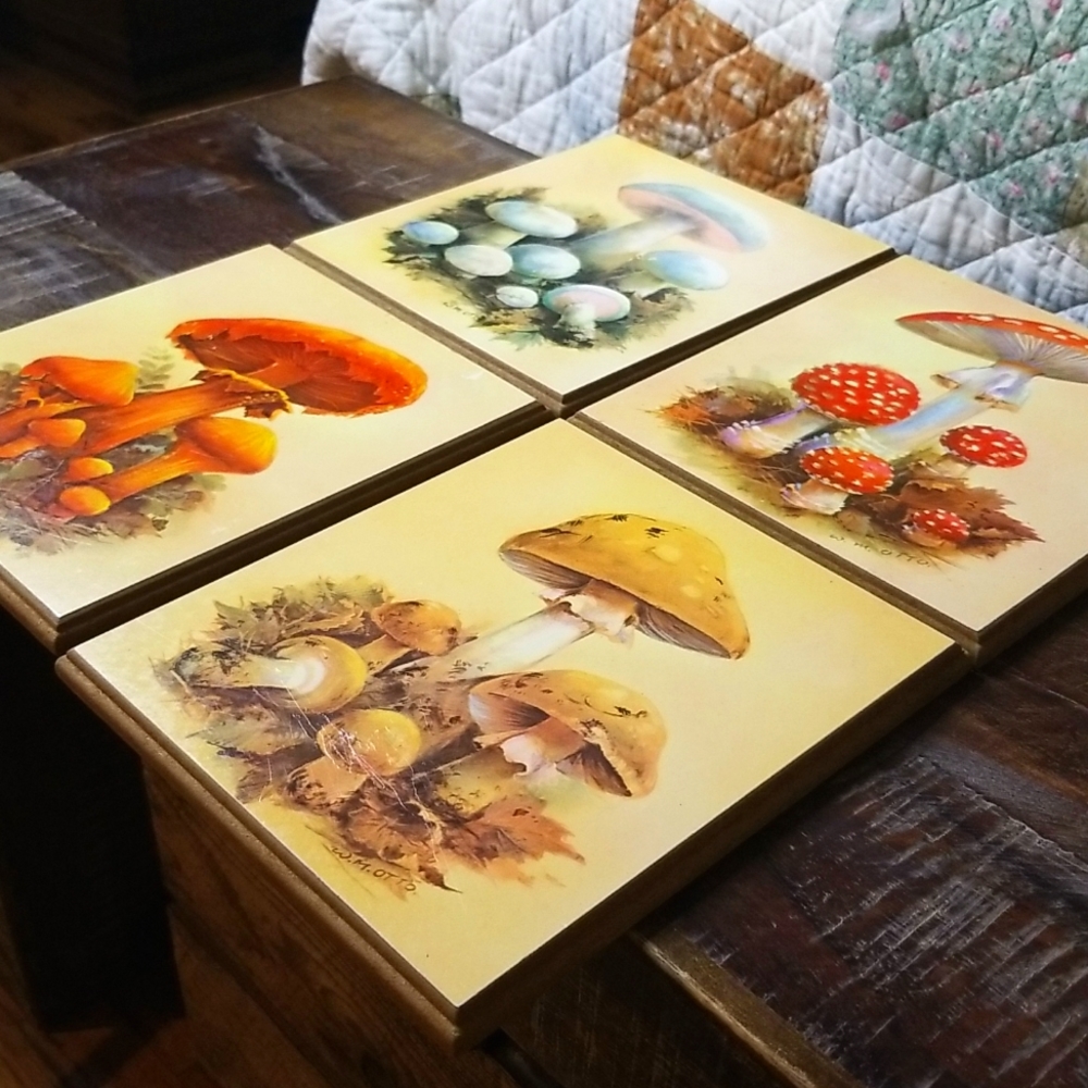 Vintage W.M. Otto MCM 1970's Mushroom Wood Plaques-Set of 4 - Picture 7 of 9